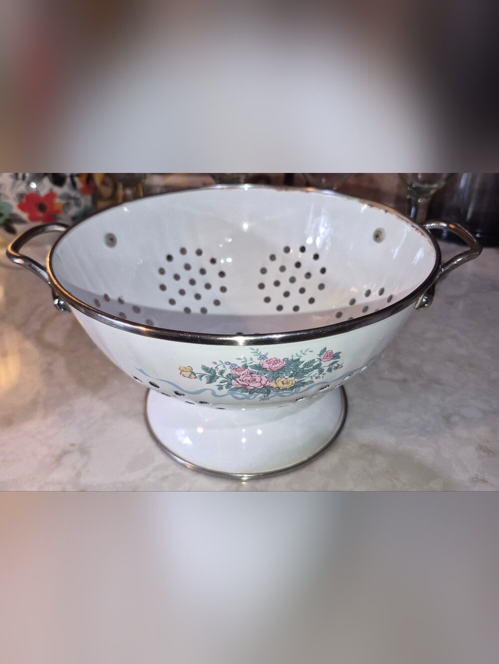 Vintage Enamel Pedestal Colander featuring a Floral Pattern